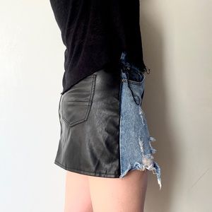 Dance & Marvel Distressed Denim and Leather Skirt